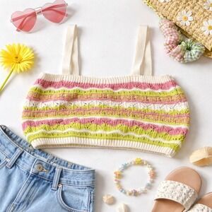 ZARA Girls Knit Crop Top Size Pink Green Stripe Sleeveless Sweater Tank NWT 12